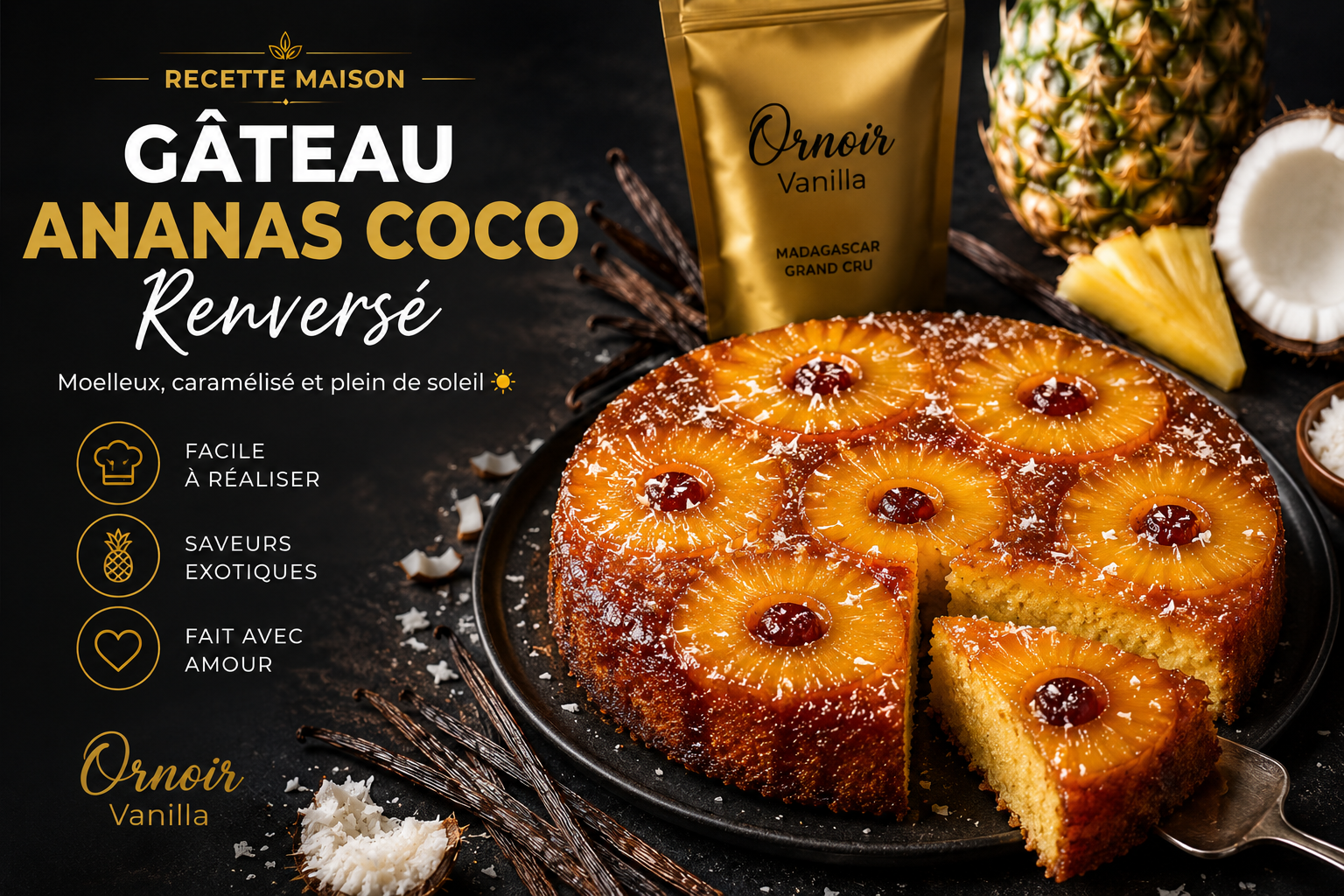 Gâteau renversé ananas coco vanille de Madagascar — recette moelleuse